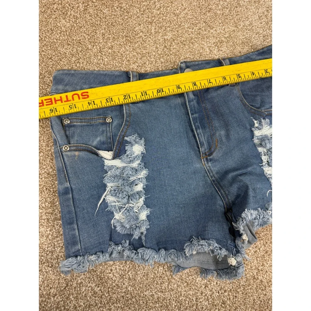 Sugar + Lip2 Womens Distressed‎ Denim Shorts Medium Wash Blue Frayed Hem Size M